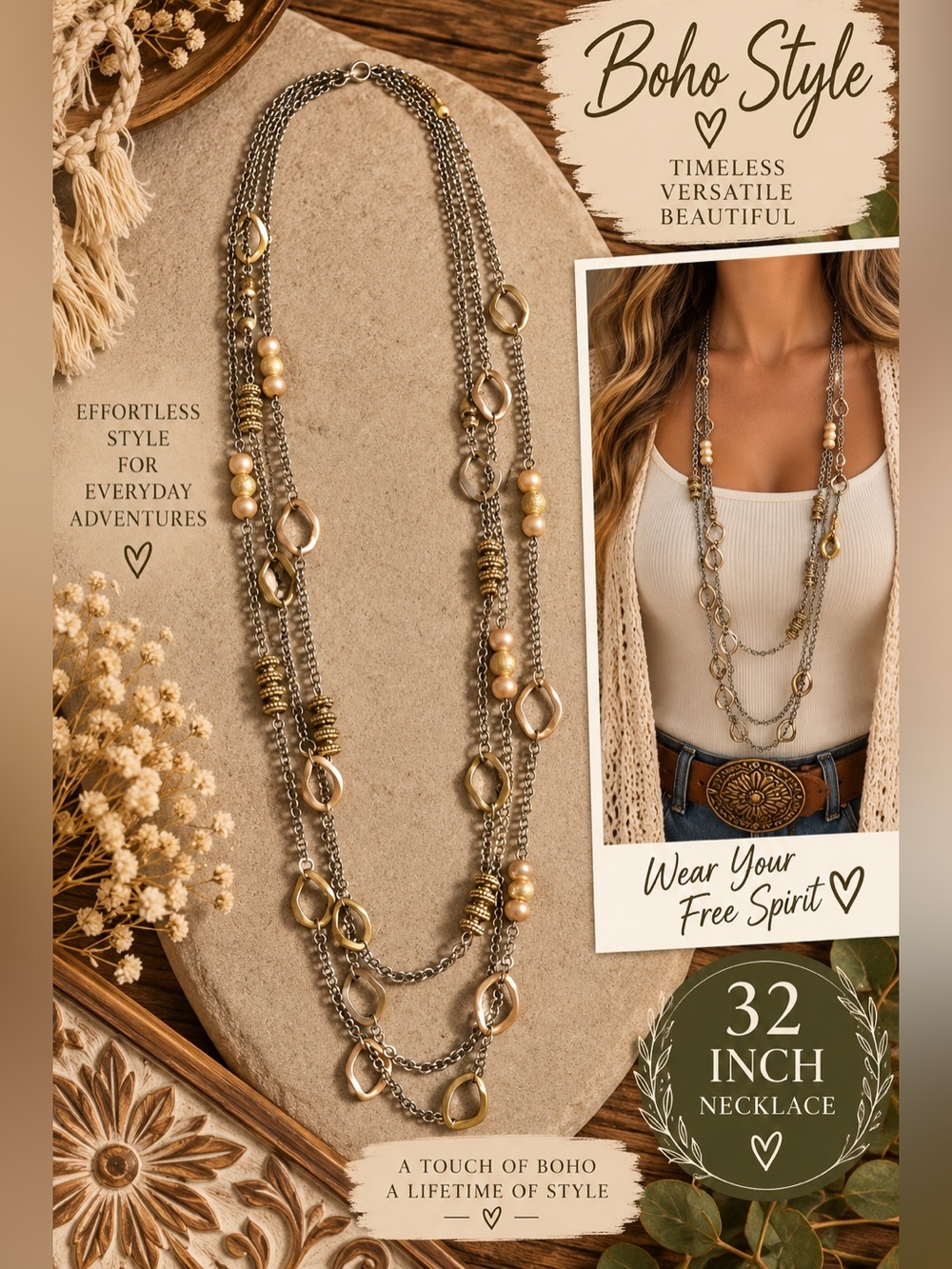 741 Boho Multi-Strand Pearl & Metal Necklace - Gold & Silver